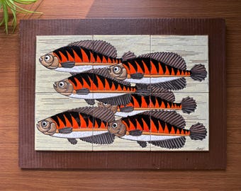 Mid Century Tile Mural Ceramic Wall Art with Gilded Fish 16X22