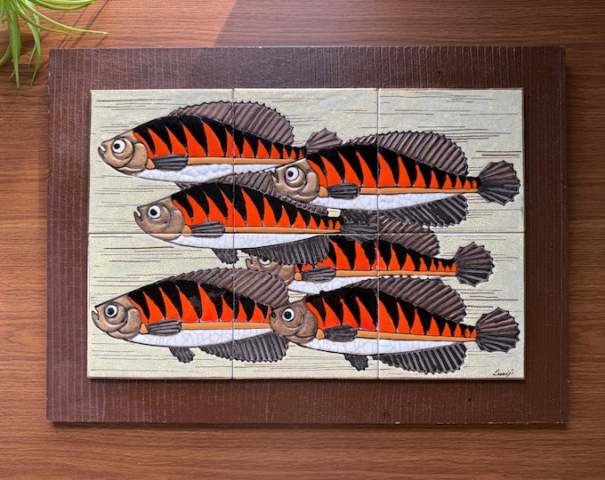 Mid Century Tile Mural Ceramic Wall Art with Gilded Fish 16X22