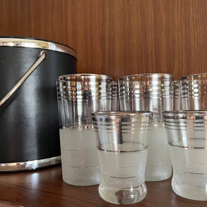 MCM Cocktail Glasses Set, Silver and Frosted Glass, Vintage Ice Bucket, Insulated Black and Chrome