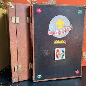 Old Suitcase Decor, Vintage Trunk, Antique Travel Trunk from Boys Life Scout Magazine Salesman