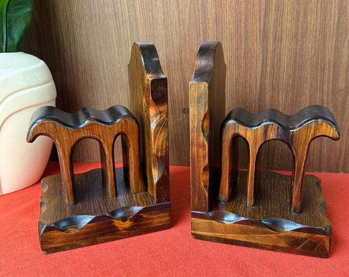 Vintage Carved Wooden Bookends Set