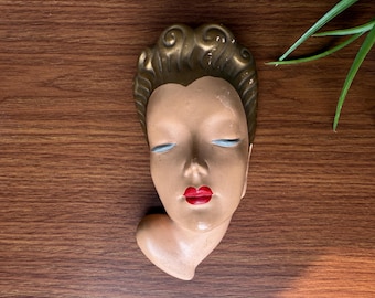 Art Deco Lady Head Chalkware Wall Hanging