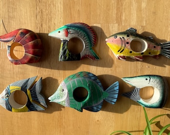 Vintage Colorful Wood Fish Napkin Rings, Hand-Carved and Hand-Painted, Set of 6