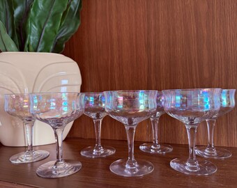 Vintage Champagne Coupe Glasses, Iridescent Cut Glass, Set of 7