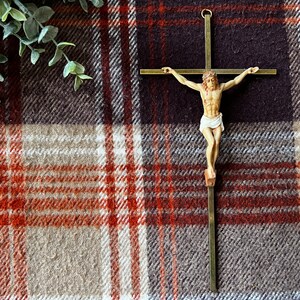 Vintage Wall Crucifix, Brass Tone with Hand Painted Jesus 10”
