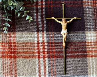 Vintage Wall Crucifix, Brass Tone with Hand Painted Jesus 10”