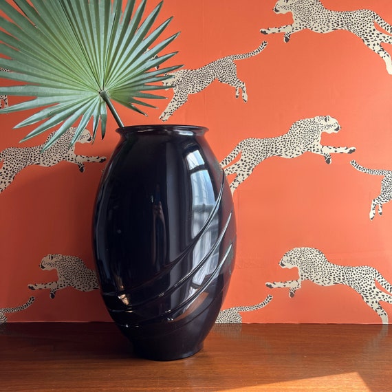 80s Art Deco Vase, Large Post Modern Geometric Black Ceramic Vase, Vintage 1980s