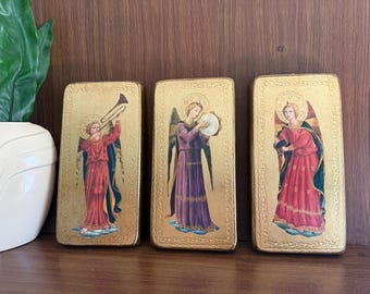 Fra Angelico Musical Angels on Gold Leaf Wooden Wall Plaques, Made in Italy