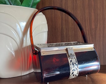 Vintage 1950s Lucite Purse by Tyrolean NY, Top Handle Structured Evening Bag in Faux Tortoise Shell Lucite with Metal Filligree
