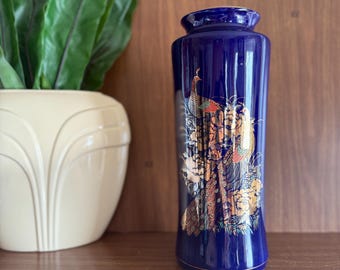 Vintage Porcelain Flower Vase with Decorative Japanese Peacock Bird Motif, Cobalt Blue