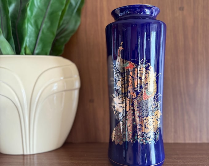 Vintage Porcelain Flower Vase with Decorative Japanese Peacock Bird Motif, Cobalt Blue