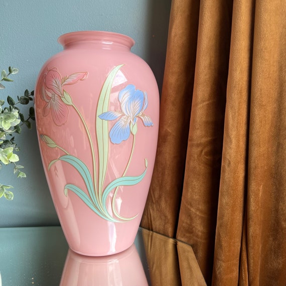 Large 80s Art Deco Vase, Pastel Pink with Handpainted Irises