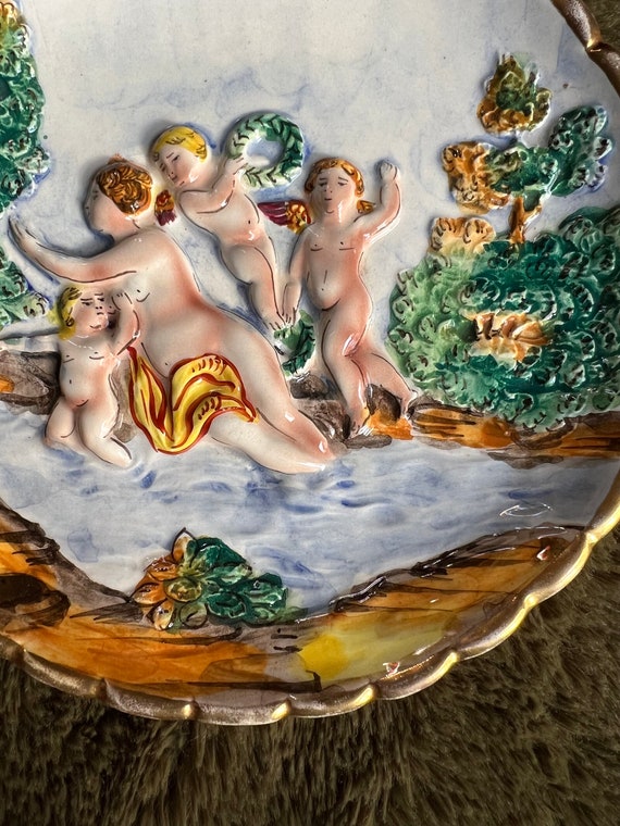 Italian Ceramic Relief Plate by Capodimonte Italy, Handpainted