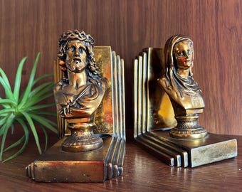 Vintage Virgin Mary and Jesus Cast Metal Bookends