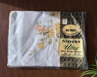 Vintage Floral Print Pillowcases Set, Retro 70s Colors, NOS