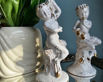 Italian Ceramic Cherub Statues, Bandini for Zaccagnini White Rustic Glazed Art Deco Fauns, 1940s Vintage