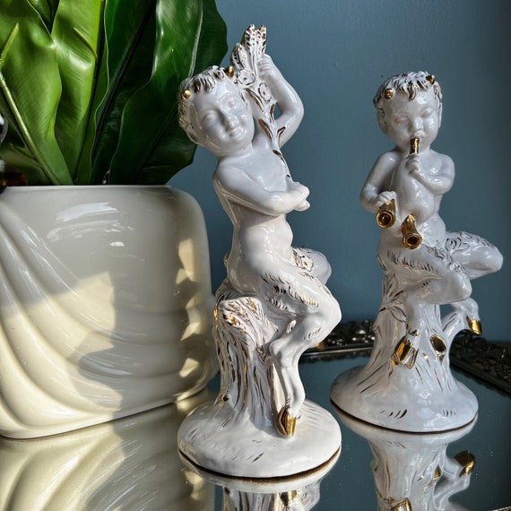 Italian Ceramic Cherub Statues, Bandini for Zaccagnini White Rustic Glazed Art Deco Fauns, 1940s Vintage