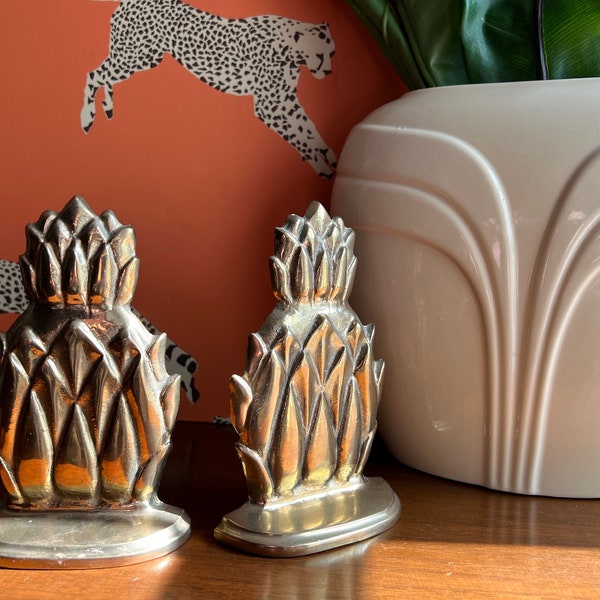 Vintage Pineapple Bookends, Brass Book Ends Set for Maximalist Tropical Decor
