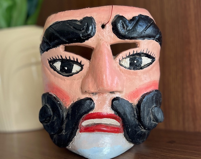 Vintage Guatemalan Carved Wooden Dance Mask, Moro from Baile de la Conquista