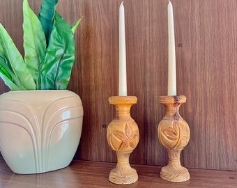 Carved Wooden Candlestick Holders or Bud Vases, Boho Carved Olive Wood