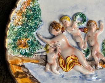 Italian Ceramic Relief Plate by Capodimonte Italy, Handpainted