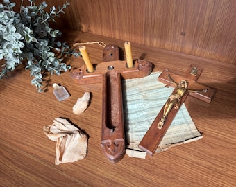 Vintage Last Rites Crucifix, Sick Call Set, Complete with Candles, Cloth and Holy Water, Wood Cross