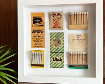 Framed Vintage Matchbook Collage in Kelly Green and Beige