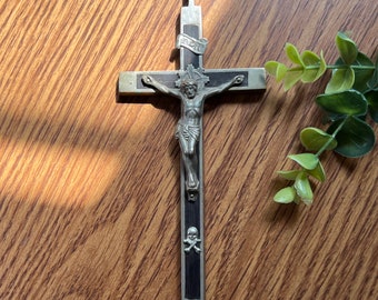 Antique Pectoral Crucifix, 7” Skull and Crossbones German Clergy Silver Tone Wall Crucifix with Ebony Inlay, Prussian Chaplain Cross