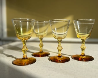 Vintage Amber Cordial Glasses Set, Small Wine Glasses, Colored Unique Glassware for Weddings, Libbey Rock Sharpe Georgian