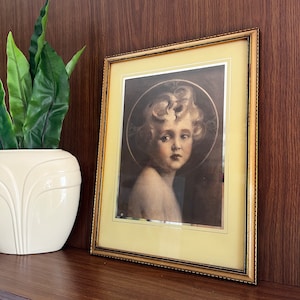 Jesus Portrait, Vintage Catholic Art Print Lithograph of the Light of the World Baby Jesus, Framed Antique Religious Wall Art