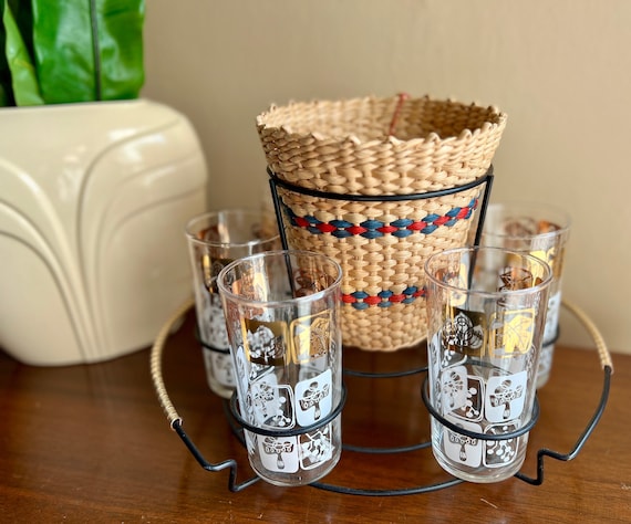 Vintage Cocktail Glasses for Tiki Bar or Mid Century Barware with Caddy, Set of Six in 22 Karat Gold and White