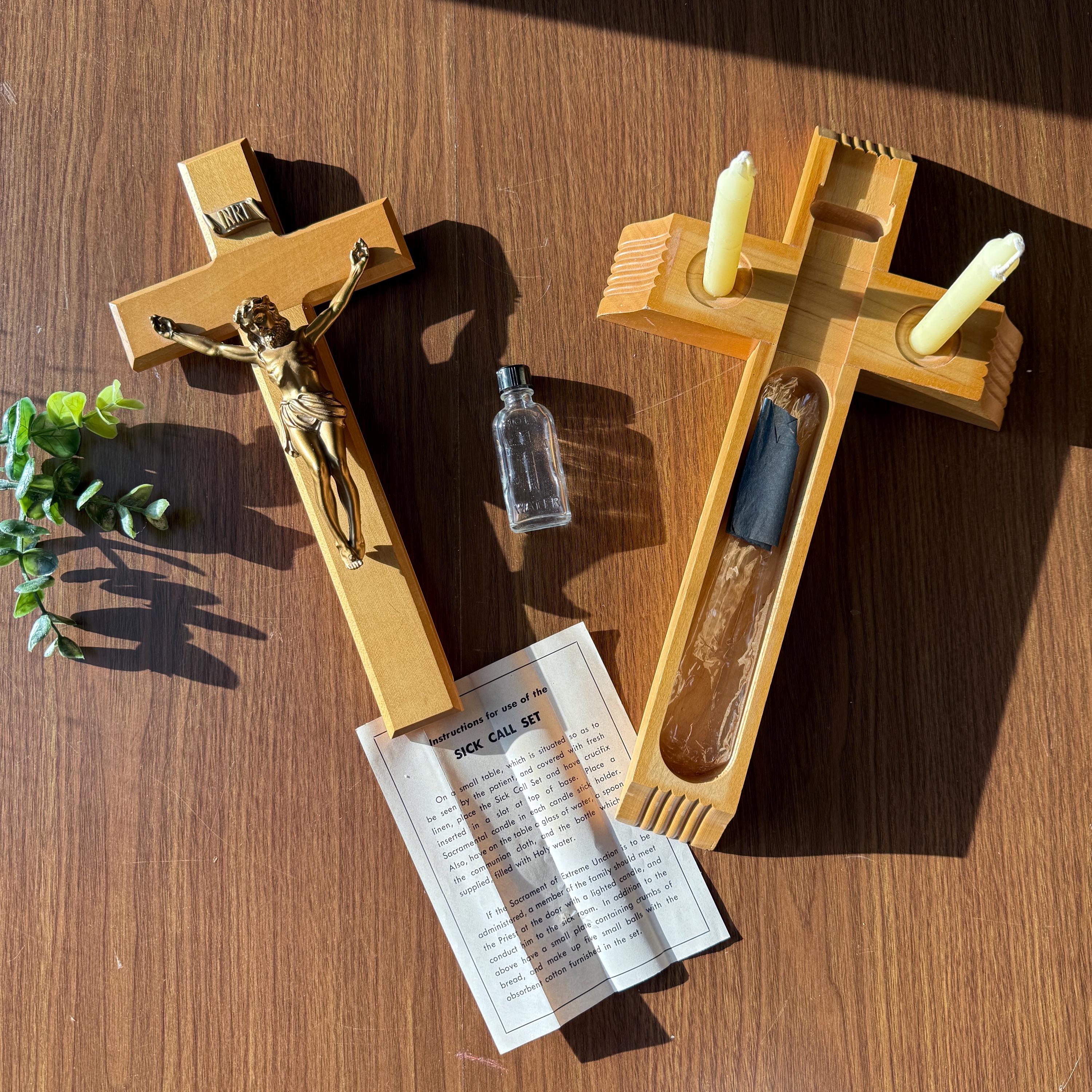 Vintage Last Rites Crucifix, Sick Call Set With Candles and Holy