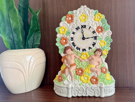 Vintage Cherub Mantel Clock, Maximalist Coquette Hand-painted