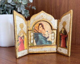 Vintage Florentine Triptych with Madonna and Child Center Panel