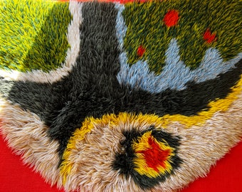 1970s Funky Retro Shag Rug, Rya Style Colorful Handmade 2x3 Small Danish Modern Accent Piece for Vintage MCM Home Decor