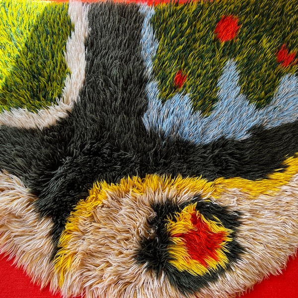 1970s Funky Retro Shag Rug, Rya Style Colorful Handmade 2x3 Small Danish Modern Accent Piece for Vintage MCM Home Decor