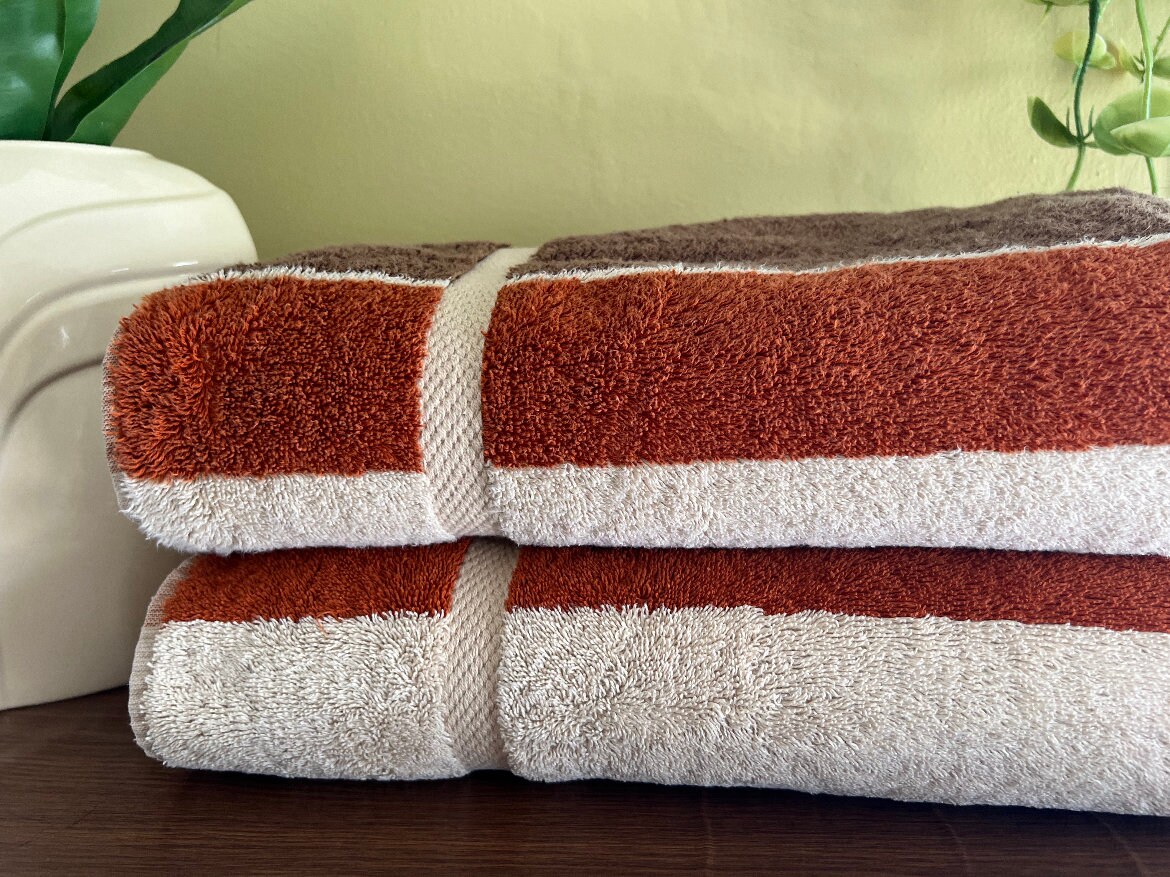 Vintage Striped Bath Towels Set, Beige, Brown & Rust Color Combed Cotton by  Fieldcrest Royal Velvet 