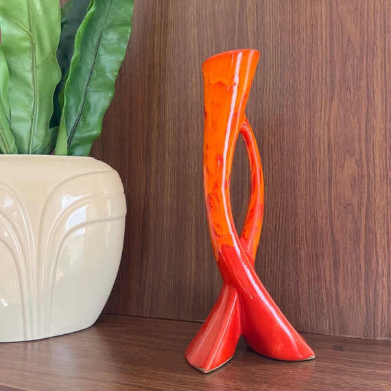 Mid Century Ceramic Vase in Bright Orange - Handmade California Pottery Splatter Design