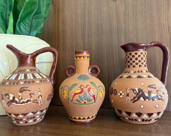 Vintage Greek Terracotta Pottery Pitcher Vases, Set of Three