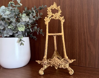 Vintage Ornate Photo Display Easel, Small Gold Brass Tabletop Rococo Sign Holder Stand 9"