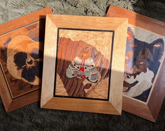 Marquetry 3 Piece Wall Art Set, Vintage Wood Inlay Art