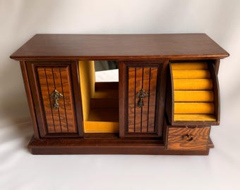 Vintage Wooden Jewelry Box with Necklace Hooks, Large 16", 5th Wedding Anniversary Gift Wood