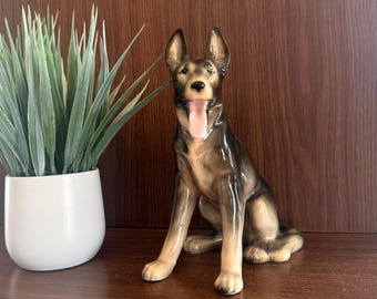 Vintage Dog Figurine, German Shepard, Hand-Painted Ceramic Statue, Mid-Century Decor