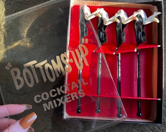 Mid Century Bottoms Up Cocktail Stirrers, Vintage Adult Novelty Bar Ware Gag Gift Set of Four