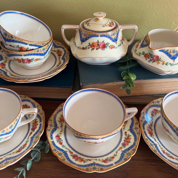 Bone China English Tea Set, 12 Piece with Creamer, Sugar, Cup and Saucers Set in CRD48 Blue Laurel Rings Floral Rim Pattern by Crown Ducal