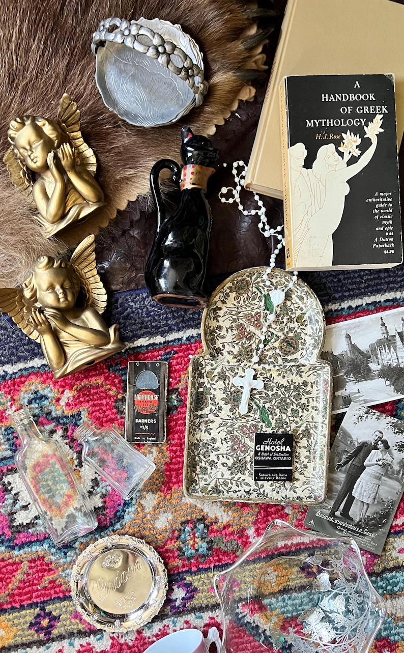 Vintage mystery box in an antique feminine light academia decor style.