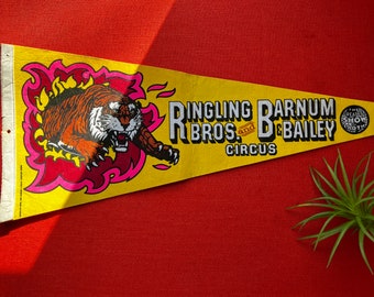 Vintage Pennant Flag, Circus Tiger, Ringling Bros. and Barnum & Bailey Circus Felt Pennant Souvenir