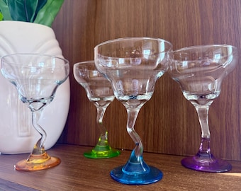 Vintage Margarita Glasses, Libbey Z Stem Rainbow Postmodern Style, Set of 4