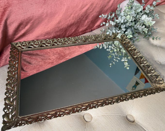 Vintage Mirrored Decorative Tray with Ornate Filigree Metal Frame