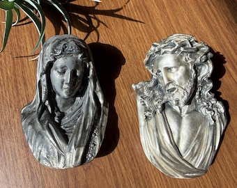 Vintage Virgin Mary, Jesus Wall Art Hanging Busts Set, Gothic Catholic Decor, Dark Academia Gallery